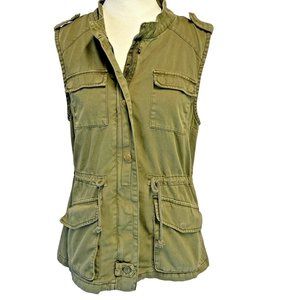 Per Se Army Green Utility Drawstring Waist Snap Front Vest Cargo Pockets -Medium